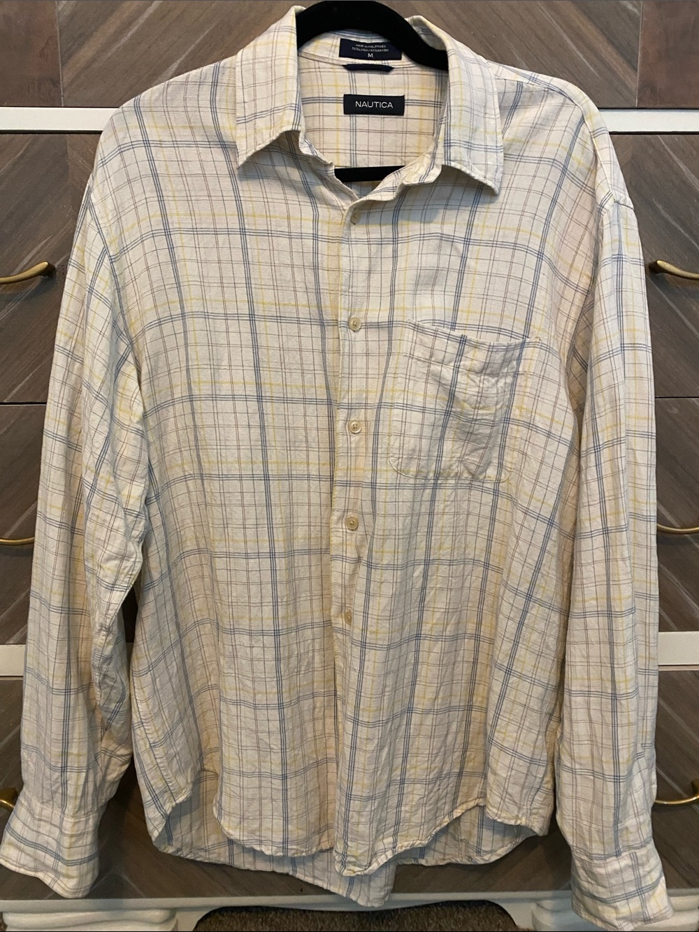 Nautica Men’s Pale Yellow and Light Blue Plaid Button-Down Shirt